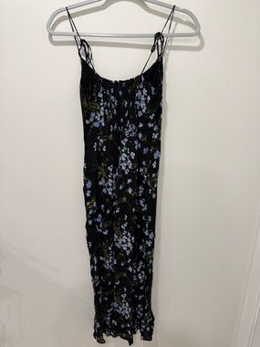 Reformation Black Midi Dress with Blue Floral Print